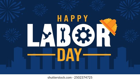 USA Happy Labor Day celebration background or banner design template with fireworks and building. Labour day Safety hard hat and Construction tools background. use to card, poster, placard, template.