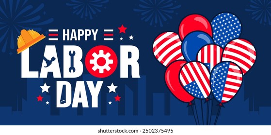 USA Happy Labor Day Feier Hintergrund oder Banner Design Vorlage mit amerikanischen Flagge Ballon. Tag der Arbeit Sicherheit harten Hut und Bauwerkzeuge Hintergrund. verwenden, um Karte, Poster, Plakat, Vorlage.