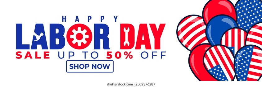 USA Happy Labor Day Feier Verkauf Promotion Hintergrund oder Banner Design Vorlage mit amerikanischen Flagge Ballon. Tag der Arbeit Sicherheit harten Hut und Bauwerkzeuge Hintergrund.