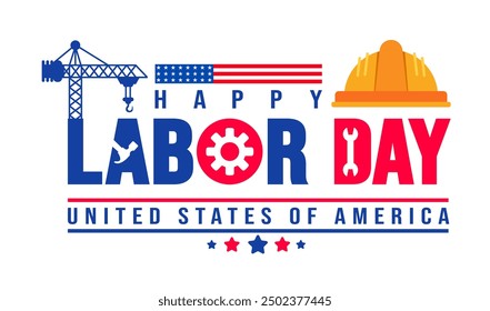 USA Happy Labor Day Feier Hintergrund oder Banner Design Vorlage mit Baukran. Tag der Arbeit Sicherheit harten Hut und Bauwerkzeuge Hintergrund. verwenden, um Karte, Poster, Plakat, Kartenvorlage.