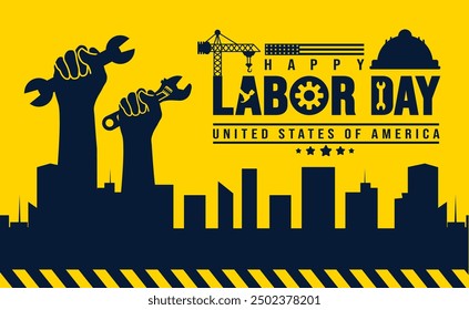 USA Celebración del Día del Trabajo Feliz mano fuerte sosteniendo la grúa de construcción y herramientas de fondo o Plantilla de diseño de Anuncio con bandera estadounidense. Día del trabajo Seguridad casco y herramientas de construcción de fondo.