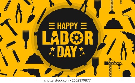 USA Happy Labor Day Feier Bauwerkzeuge und Kranmuster Hintergrund oder Banner Design Vorlage. Tag der Arbeit Sicherheit harten Hut und Bauwerkzeuge Hintergrund.