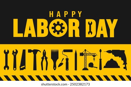 USA Happy Labor Day celebration construction tools and crane background or banner design template. Labour day Safety hard hat and Construction tools background.