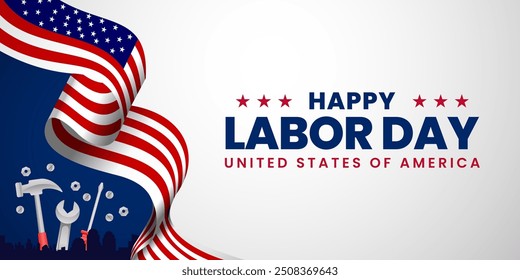 USA Happy Labor Day celebration banner background design with American flag. Labour day Safety hard hat and Construction tools background.