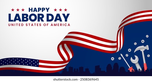 USA Happy Labor Day celebration banner background design with American flag. Labour day Safety hard hat and Construction tools background.