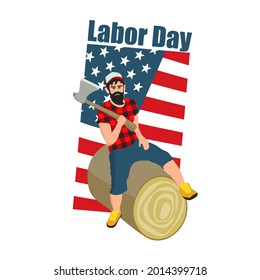 USA Happy Labor Day greeting card, banner, poster with background United States national flag colors and Lumberjack with axe. Vector illustration.