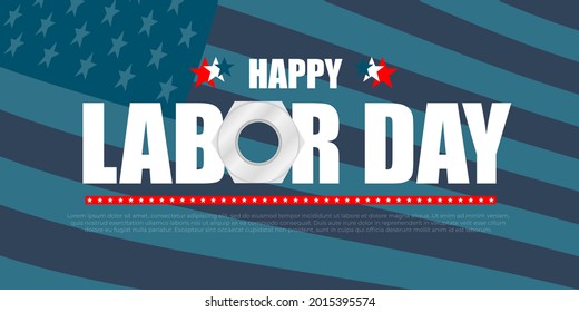 USA Happy Labor Day greeting card, banner, poster with background United States national flag colors and white text Happy Labor Day and screw nut. Vector illustration.