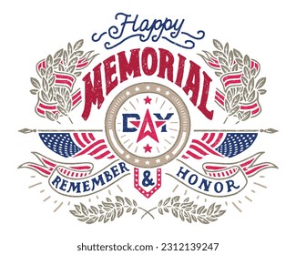 USA Happy Memorial Day. Hand lettered greeting card with a wreath and American flags. Hand-drawn vintage typography illustration