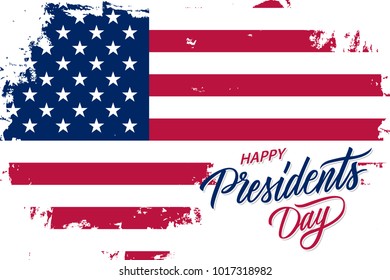 USA Happy Presidents Day celebrate banner with brush stroke background in United States national flag colors and hand lettering text design. Vector illustration.