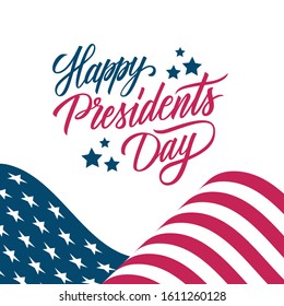 USA Happy Presidents Day greeting card with hand lettering and United States waving national flag. Washington's birthday. United States national holiday vector illustration.