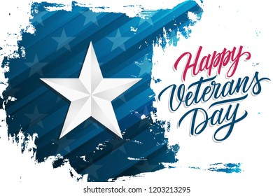 USA Happy Veterans Day celebrate banner with silver star on brush stroke background and hand lettering text Happy Veterans Day. United States national holiday vector illustration.