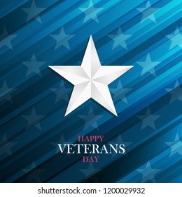 USA Happy Veterans Day greeting card with silver star on blue background. Vector illustration.