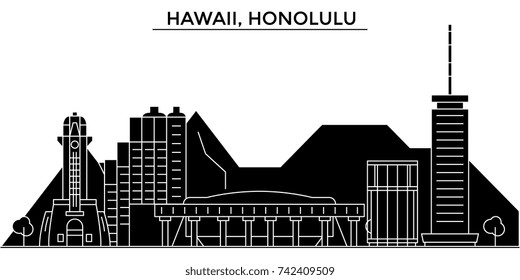 Usa, Hawaii, Honolulu architecture vector city skyline, travel cityscape with landmarks, buildings, isolated sights on background