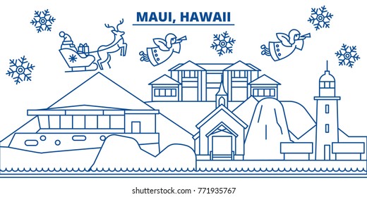 USA, Hawaii, Maui winter city skyline. Merry Christmas and Happy New Year decorated banner. Winter greeting card with snow and Santa Claus. Flat, line vector. Linear christmas illustration