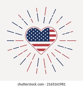 USA heart with flag of the country. Sunburst around USA heart sign. Vector illustration.