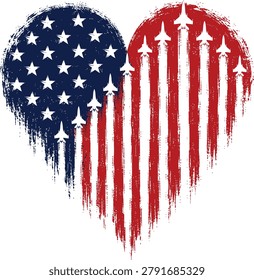 USA Heart Flag Featuring Fighter Jet Silhouettes And Distressed Patriotic Style