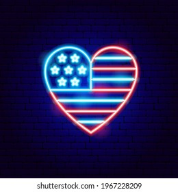 USA Heart Neon Sign. Vector Illustration of American Promotion.