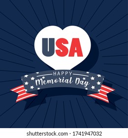 Usa heart and ribbon design, Memorial day holiday and patriotic theme Vector illustration
