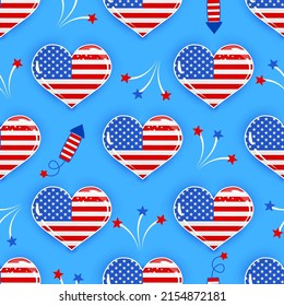 USA hearts and fireworks pattern design in USA colors - funny drawing seamless pattern. wallpaper, wrapping paper. Happy Independence Day. Red, white and blue. Happy 4th of July.