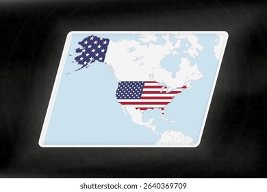 USA Highlighted in Flag Colors on Geographic Map. Modern Map on a dark abstract backdrop.
