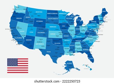 USA sehr detaillierte Karte. Vektorblaue Illustration mit Grenzen, Städten und Nationalflagge