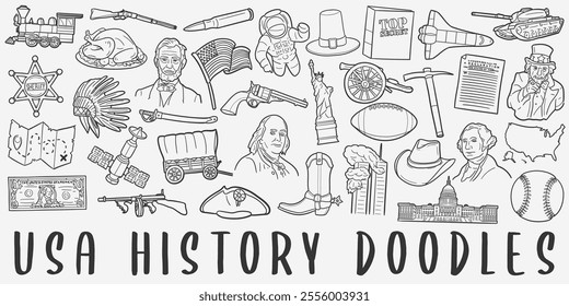 USA History Doodle Icons Black and White Line Art. United States of America Clipart Hand Drawn Symbol Design.