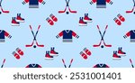 USA hockey vector repeat background. Ice hockey sticks, puck and skates seamless pattern in a American flag traditional colors and stars symbols. Winter sports repeated texture for sporting prints