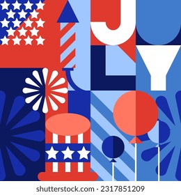 USA holiday 4th of July geometric letters, color block pattern. American flag colors and symbols, celebration Independence Day. Vector print, seamless background, banner, poster, greeting card design