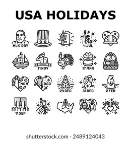 usa holiday american national day icons set vector. america happy, united, independence july, memorial, fourth, culture veteran, freedom usa holiday american national day black contour illustrations