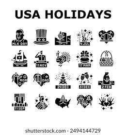 usa holiday american national day icons set vector. america happy, united, independence july, memorial, fourth, culture veteran, freedom usa holiday american national day glyph pictogram Illustrations