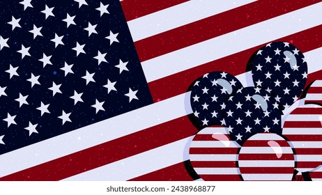 USA holiday background, dark sparkling flag and bundle of balloons with stripes and stars. Patriotic horizontal banner. Vector template for american national festive events illustration.