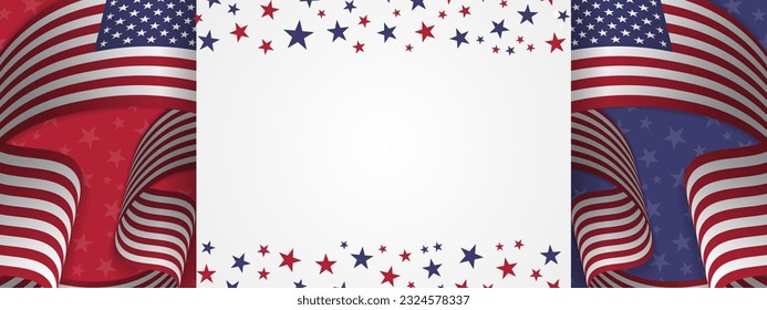 USA Holiday Background design with white area for copy space or images, blue and red star pattern design with 3d waving American flags. Vector Illustration. EPS 10. 