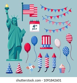 USA holiday icons and design elements for 4 of July Independence Day celebration. Vector illustration.