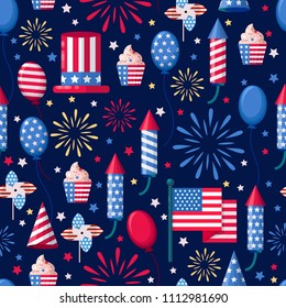 USA holiday seamless navy pattern. Vector print background. American national symbols, celebration Independence Day.