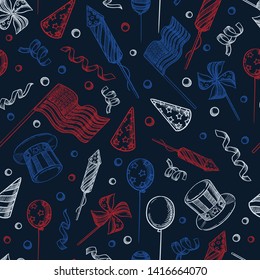 USA holiday seamless pattern. Vector sketch hand drawn illustration. American national symbols, celebration 4 of July Independence Day. Blue navy print background.