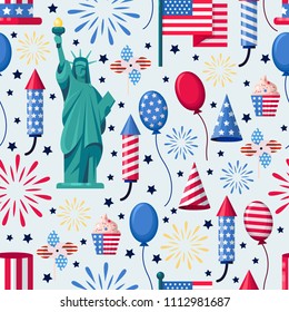 USA holiday seamless white pattern. Vector print background. American national symbols, celebration Independence Day.