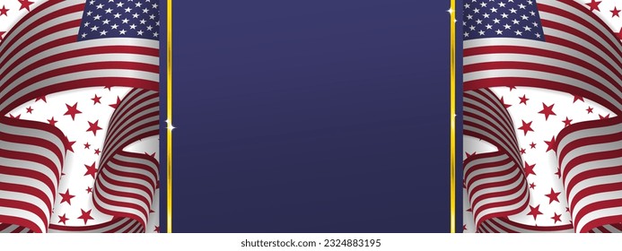 USA Holiday Template design with blue background for copy space or images, blue and red star pattern design with 3d waving American flags. Vector Illustration. EPS 10. 