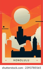 Afiche de brutalismo de la ciudad honolulu de EE.UU. con perfil abstracto, cityscape Hawaii retro ilustración vectorial. portada de la guía de viajes de EE.UU., folleto, folleto, plantilla de presentación, imagen de diseño