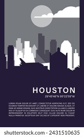 Afiche minimalista de la ciudad de Houston con el horizonte, ilustración vectorial retro del paisaje urbano. US Texas state abstract front cover, folleto, folleto, folleto, folleto, folleto, plantilla, diseño