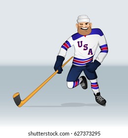 USA ice hockey team player attacking drawn in cartoon style 