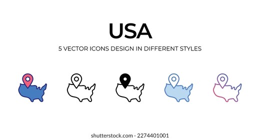 usa Icon Design in Five style with Editable Stroke. Line, Solid, Flat Line, Duo Tone Color, and Color Gradient Line. Suitable for Web Page, Mobile App, UI, UX and GUI design.