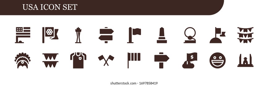 usa icon set. 18 filled usa icons. Included Flag, Flags, Space needle, Signs, Monument, Cowboy, Headdress, Football jersey, Sign, Yahoo, Democracy monument icons
