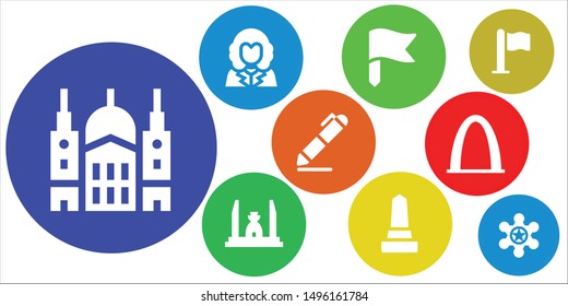 usa icon set. 9 filled usa icons.  Collection Of - Saint paul, George washington, Flag, Democracy monument, Monument, Signing, Gateway arch, Sheriff