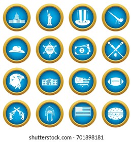 USA icons blue circle set isolated on white for digital marketing