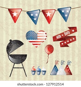 USA Icons collection, grunge style on vintage background. Vector