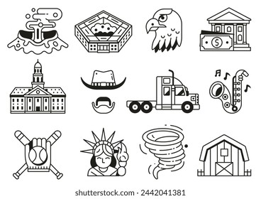 USA icons collection with popular landmarks and symbols. United States icon set of american cultural elements such as architectural monuments, tourist attractions, natural wonders and sports.