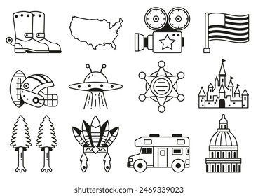 USA icons collection with popular landmarks and symbols. United States icon set of american cultural elements such as architectural monuments, tourist attractions, natural wonders and sports.