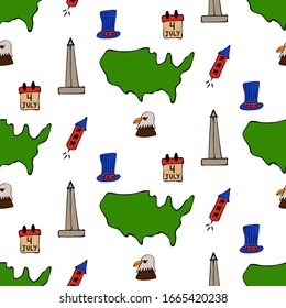 USA icons seamless pattern. Sketch vector illustration, doodle elements, Isolated USA national elements, Travel to USA pattern for cards and web pages