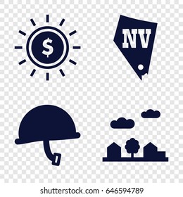 Usa icons set. set of 4 usa filled icons such as vegas, city landscape, war helmet