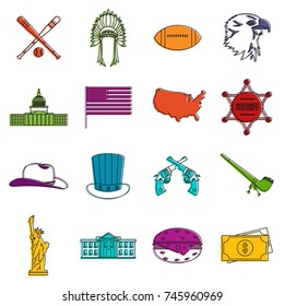 USA icons set. Doodle illustration of vector icons isolated on white background for any web design